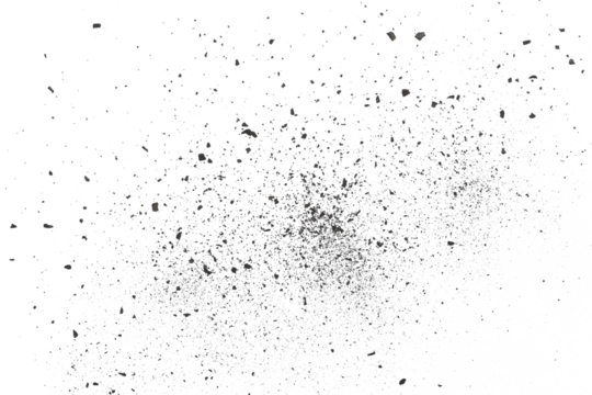 Black chalk pieces and dust flying, effect explode isolated on white