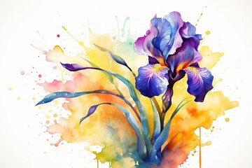 Colorful illustration of an iris flower painted with watercolors on a background of flowers. Generative AI