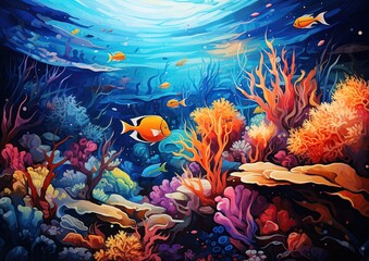 Fototapeta na wymiar A vibrant underwater world, with coral reefs showcasing a range of blue and orange hues.