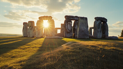 A serene portrayal of Stonehenge during the summer solstice, with the sun perfectly aligned. - obrazy, fototapety, plakaty