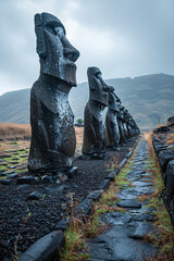 A mystical image of the Easter Island statues (Moai) at twilight.