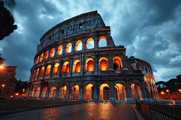 A stunning view of the Roman Colosseum under a starry sky, lit by torches. - obrazy, fototapety, plakaty