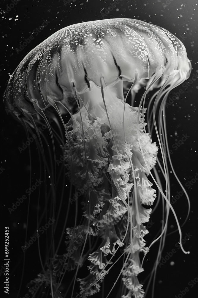 Poster a surreal image of a jellyfish, its tentacles a cascade of flowing graphite shavings.