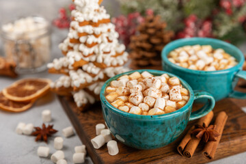 Hot drink with marshmallows and candy cane in  cup on a texture table.Cozy seasonal holidays.Hot cocoa with gingerbread Christmas cookies.Hot chocolate with marshmallow and spices.Copy space.