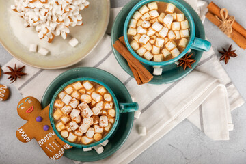 Hot drink with marshmallows and candy cane in  cup on a texture table.Cozy seasonal holidays.Hot cocoa with gingerbread Christmas cookies.Hot chocolate with marshmallow and spices.Copy space.