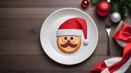 Merry Christmas - Christmas concept for restaurant and fast food. Plate and Santa clause hat Creative concept for restaurant and food brand