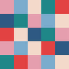 Playful retro mosaic background. Colourful checkerboard pattern seamless. Backdrop with multicolor square in 70s 60s style