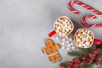 Hot drink with marshmallows and candy cane in  cup on a texture table.Cozy seasonal holidays.Hot cocoa with gingerbread Christmas cookies.Hot chocolate with marshmallow and spices.Copy space.