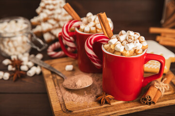 Obraz na płótnie Canvas Hot drink with marshmallows and candy cane in cup on a texture table.Cozy seasonal holidays.Hot cocoa with gingerbread Christmas cookies.Hot chocolate with marshmallow and spices.Copy space.