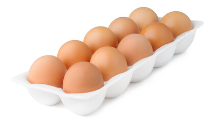 A carton of ten fresh brown eggs isolated on white background, with the natural variation in color and the concept of organic produce