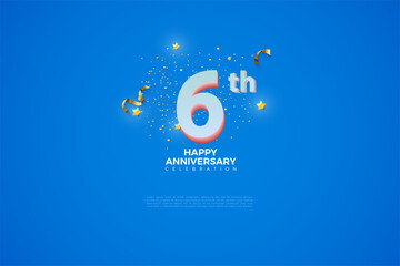 Sixth, 6th Anniversary celebration, 6 Anniversary celebration in Blue BG, stars, festive illustration, glitters and ribbons, white number 6 sparkling confetti, 6,7