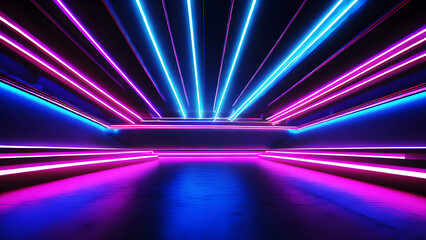 Captivating 3D Render background: Neon Slant Lights in Blue, Pink, and Purple - 80's Retro Style Fashion Show Stage with Ultraviolet Glow	