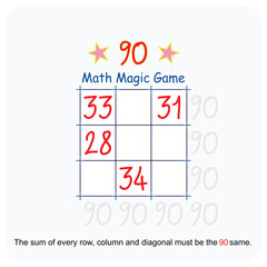 Magic math game. (Magic square)  Recreational mathematics and educational series vector illustration.
