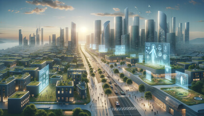 Futuristic smart city with biomorphic architecture and intuitive human-technology interaction. - obrazy, fototapety, plakaty