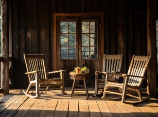 Fototapeta na wymiar two wood chairs on the porch of a log cabin