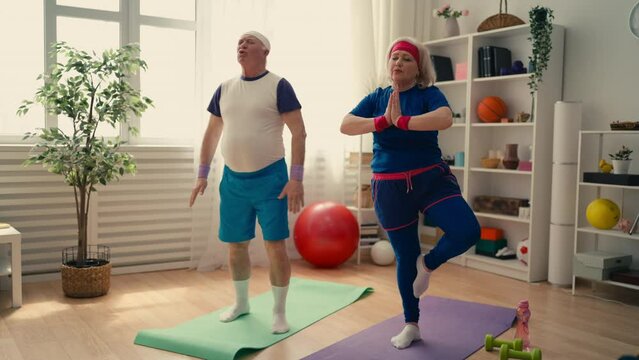 Senior couple in funny sports outfits exercising on yoga mat at home, healthcare