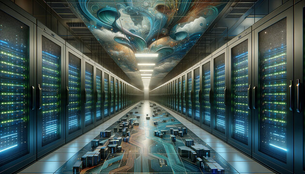 Modern, spacious server room with sleek racks and vibrant LED lights.