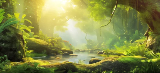 Fotobehang Sunlit river winding through a vibrant, ethereal jungle © ChaoticDesignStudio