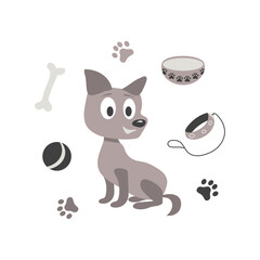 Vector drawing of a puppy and accessories. Monochrome colors. An element for a print or pattern.