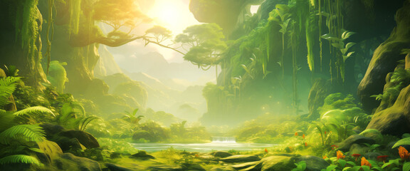 Sunlit jungle landscape with a waterfall in the distance