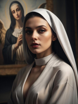 Sensual Nun - Close-up portrait of a beautiful and provocative nun in revealing robes posing in front of a classic painting of angels with cinematic and dramatic lighting Gen AI