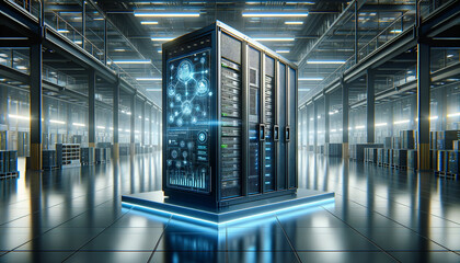 Sleek server rack with holographic display in a modern industrial setting.