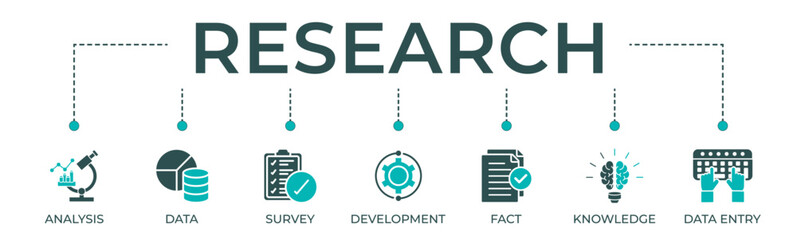 Research banner web icon vector illustration concept with icon of analysis, data, survey, development, fact, knowledge and data entry. - obrazy, fototapety, plakaty