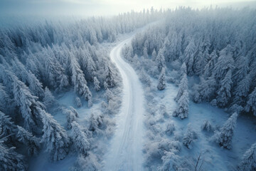 Snowy path in coniferous forest in winter, aerial drone view of white blue woods. Landscape with snow, road and frozen trees. Concept of nature, Christmas, travel, Siberia, Norway, cold
