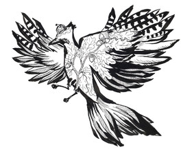 Fototapeta premium Bird with stretched wings and line art oak twigs in body. Bird in flight silhouette isolated on white.