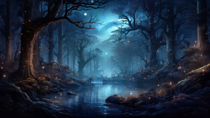 Fantasy forest at night, magical lights and river in dark fairy tale woods. Landscape with trees, water and sky. Concept of wonderland, nature, winter, Christmas