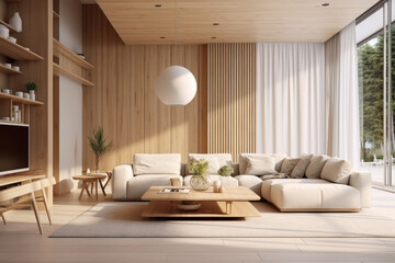 Fototapeta na wymiar Modern interior of living room with Scandinavian design, wooden furniture and walls, window in contemporary house. Concept of eco, wood, home decor, minimalist style