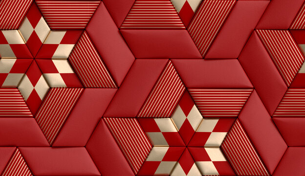 3D high quality seamless realistic texture tiles soft geometry form made from red leather with golden decor stripes and rhombus