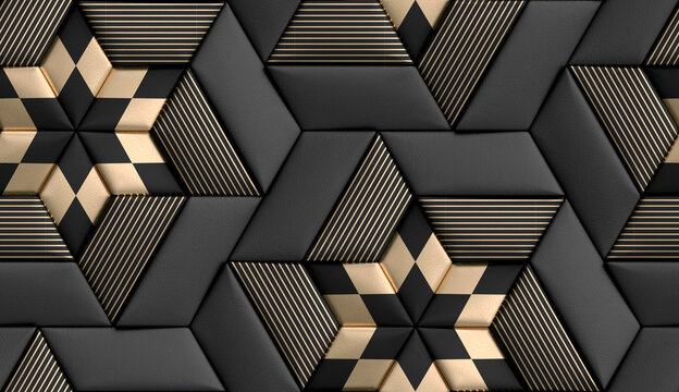 3D high quality seamless realistic texture tiles soft geometry form made from black leather with golden decor stripes and rhombus