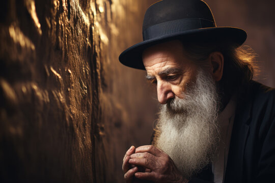 Old bearded Jew praying by rock wall at night, face of Jewish Orthodox man in hat. Portrait of Israeli person during prayer. Concept of rabbi, religion, Judaism