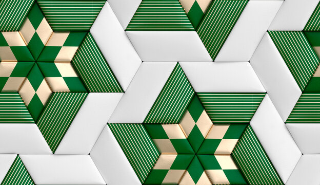 3D soft geometry tiles made from green and white leather with golden decor stripes and rhombus realistic texture