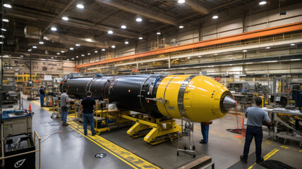 Naklejka premium Space rocket in assembly shop of factory, engineers work inside modern plant. Concept of industry, technology, manufacturing, science, machinery,