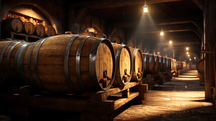 Wine cellar with rows of old wooden barrels, large warehouse in underground of winery. Scenery of...