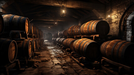 Wine cellar in medieval storage, rows of old wooden barrels. Dark warehouse in underground of winery with vintage oak casks. Concept of vineyard, viticulture, production