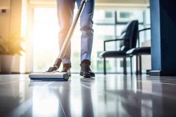 Close up shot of unrecognizable cleaning staff vacuuming an office floor - obrazy, fototapety, plakaty