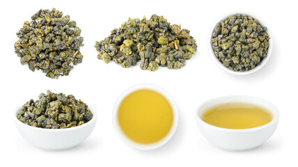 Taiwan Dong Ding Oolong, collection of loose leaves and bowls of brewed oolong tea isolated on white - obrazy, fototapety, plakaty