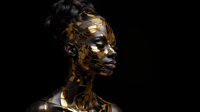 Afroamerikanische Frau mit goldener Beschichtung auf der Haut. Konzept: Kintsugi als K&ouml;rperkunst. K&uuml;nstlerisches Portrait im Halbprofil. Vor schwarzem Hintergrund. Digitale Kunst. Illustration