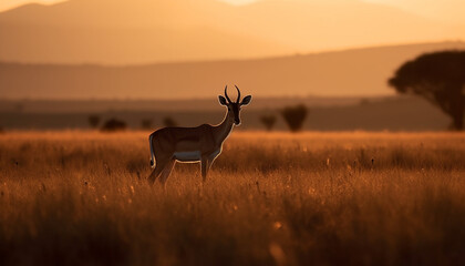 Sunset over the African savannah, a tranquil scene of wildlife grazing generated by AI