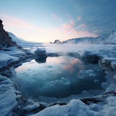 Fotografia con detalle de aguas termales en zona de hielo y vistas de paisaje natural