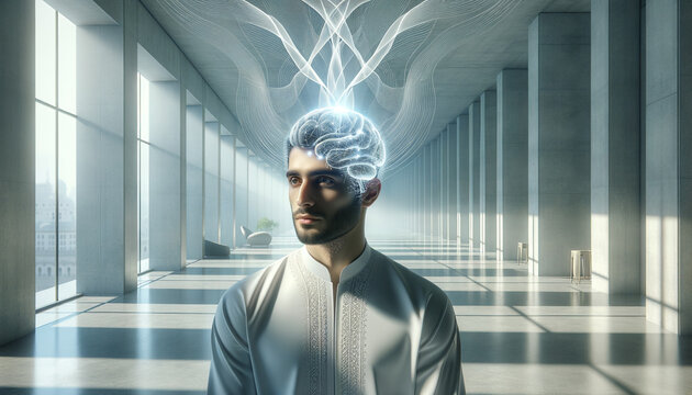 Tranquil human subject with advanced brain computer interface in minimalist interior