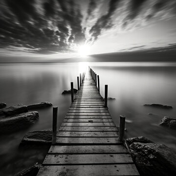 fotografia en blanco y negro con detalle de paisaje con aguas tranquilas y pasarela de madera, al atardecer