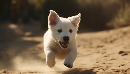 A cute puppy running outdoors, playing and having fun in summer generated by AI