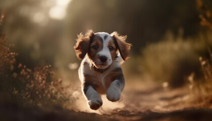 Cute puppy running in the grass, enjoying the summer outdoors generated by AI