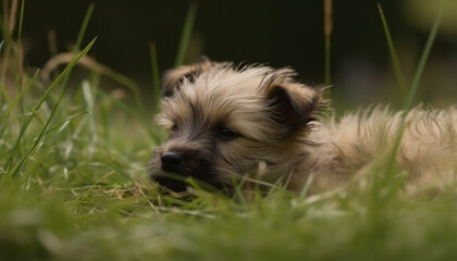 Naklejka na ściany i meble Cute puppy playing in the grass, enjoying the sunny outdoors generated by AI