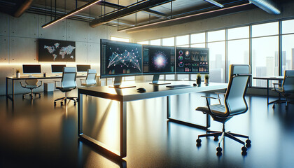 Cutting-Edge Data Science Workspace with Sleek Desk, Dual Monitors, and Hand-Drawn Algorithms