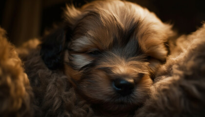 Naklejka na ściany i meble Cute puppy sleeping, fluffy fur, softness, innocence, eyes closed generated by AI